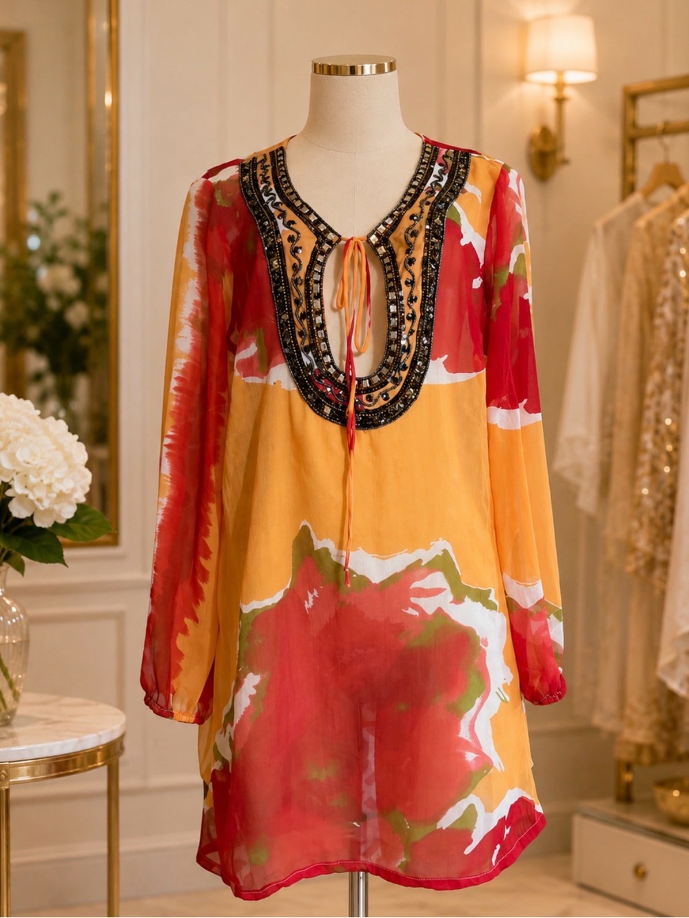 Boho Embellished V-Neck Tunic Top in Yellow & Red